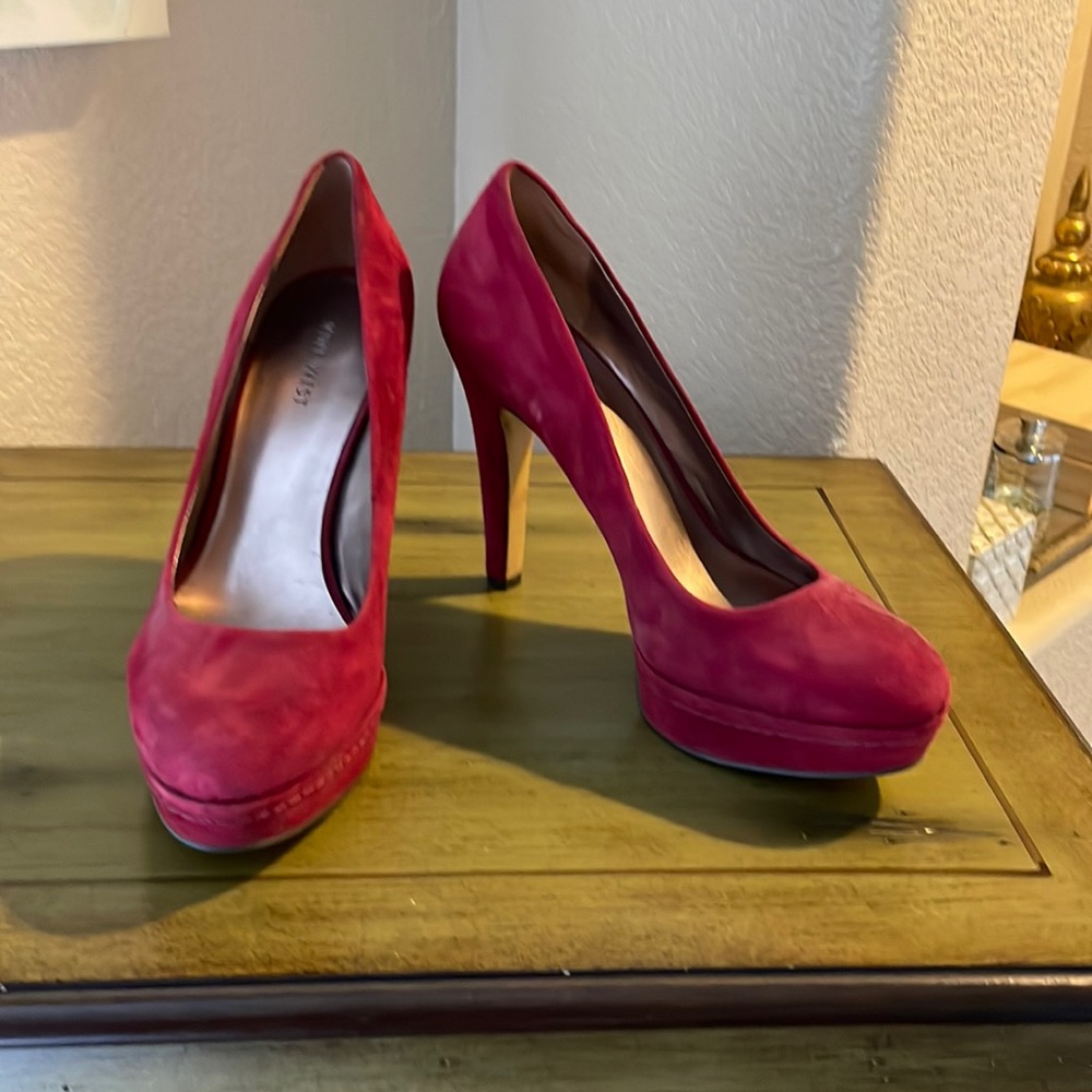 Nine West red suede platform pumps